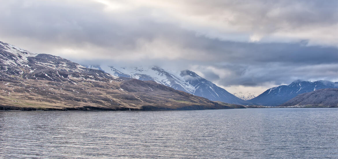 A coastal view of Akureyri, Iceland, with snow-capped mountains and overcast skies reflected in the calm waters of the fjord during spring