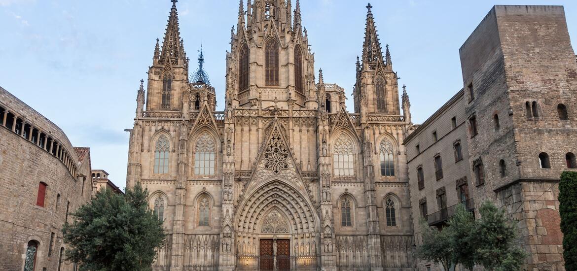 Gothic architecture of the Barcelona Cathedral with towering spires, detailed stonework, and large stained glass windows, framed by historic buildings and trees in the foreground