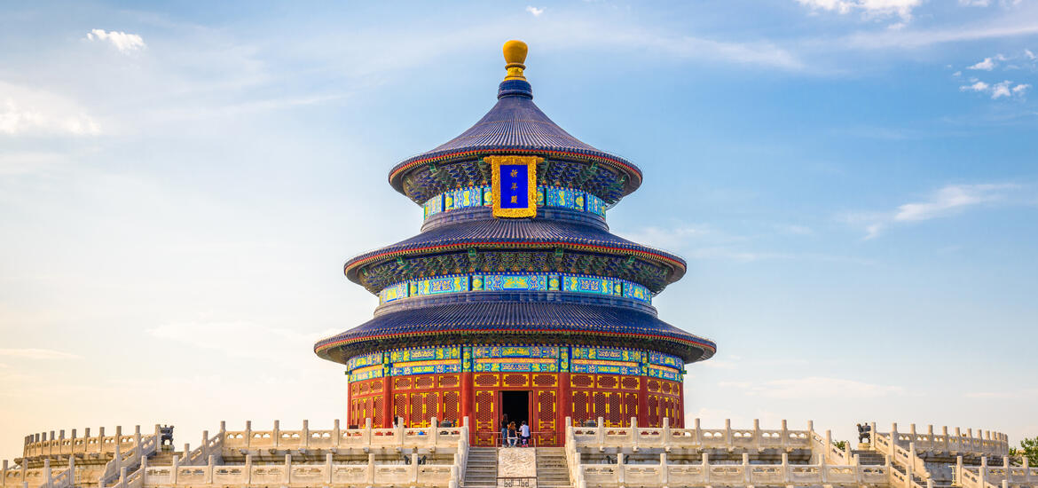 The ornate, multi-tiered Temple of Heaven in Beijing, China, with vibrant colors and detailed architecture