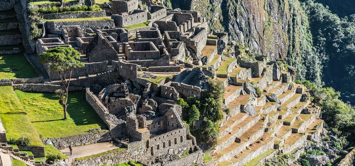 An aerial view of the ancient Incan ruins of Machu Picchu, located in the Peruvian Andes