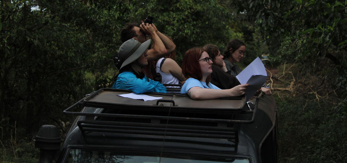 Students in an open top vehicle in the forest using binoculars and referencing their notebooks to identify Olive Baboon Behaviors at Lake Manyara