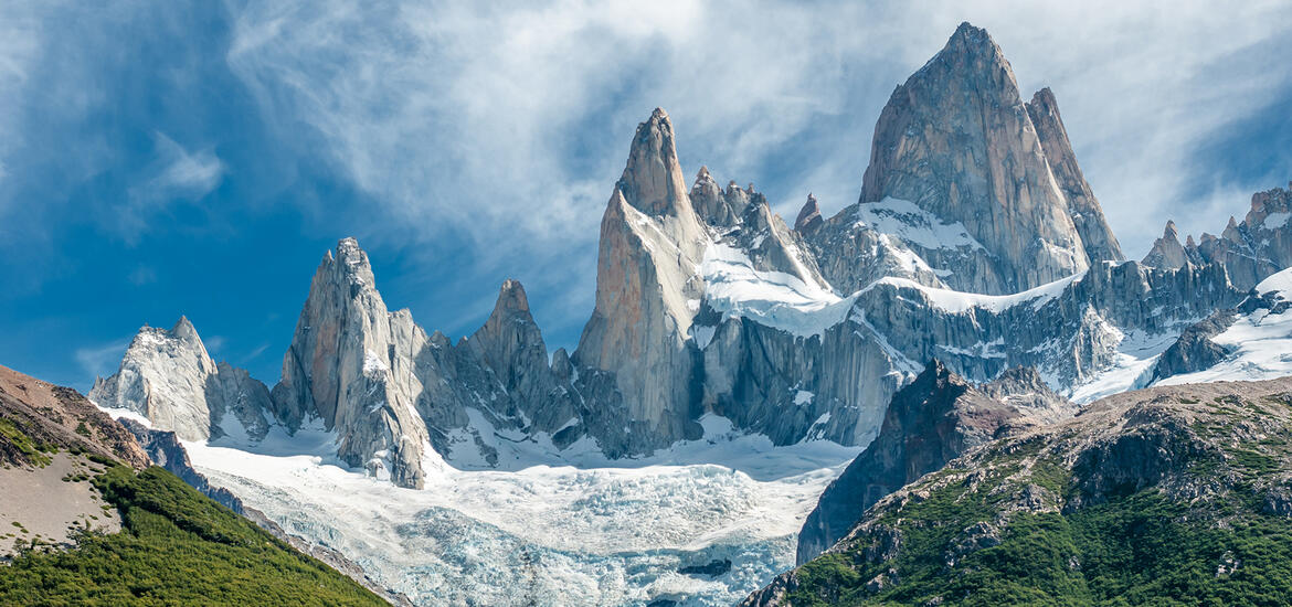 A view of the jagged, snow-covered mountains and glaciers of Torres del Paine in Chile