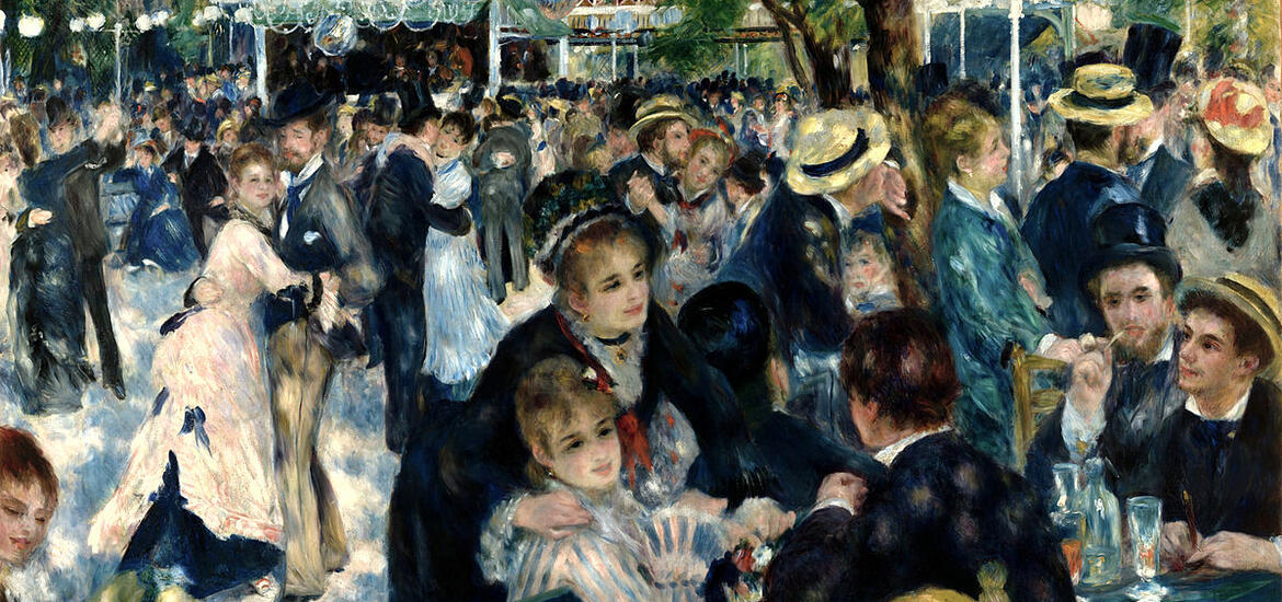 A painting by Renoir showing a lively crowd of men and women dancing, eating, and talking in a bustling outdoor park setting