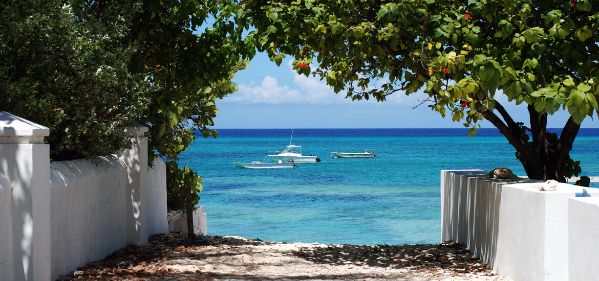 A view of Cockburn Harbour on South Caicos Island, framed by greenery with small boats floating on crystal-clear turquoise waters