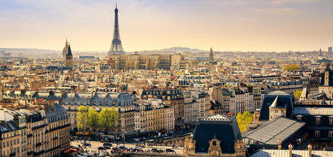 Paris skyline with the Eiffel tower in the back left and a multitude of Parisian buildings stretching from the foreground to the far distance