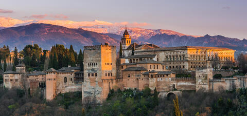 A view of the Alhambra with mountains and trees