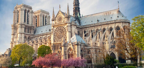 The detailed Gothic architecture of Notre Dame Cathedral in Paris, with its iconic rose window and flying buttresses, surrounded by blooming trees