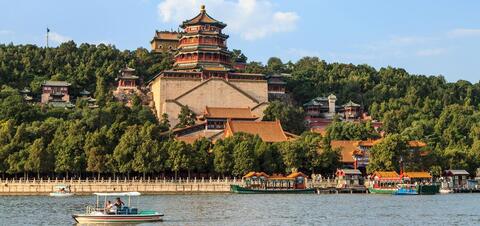 A view of the Summer Palace in Beijing, China, with its traditional Chinese architecture, seen from Kunming Lake