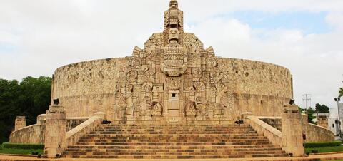 The Homeland Monument in Merida, Mexico, featuring intricate carvings depicting Mexico's history, from the founding of Tenochtitlan to the mid-20th century