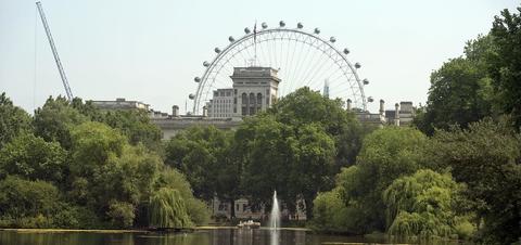 St. James's Park, London, England Lake in St. James's Park, and a view of the London Eye