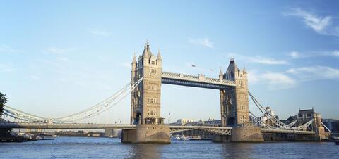 Tower Bridge in London, United Kingdom A view of iconic Tower Bridge in London spanning the River Thames, with its twin towers and suspension design