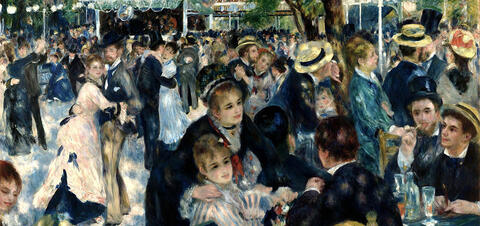 A painting by Renoir showing a lively crowd of men and women dancing, eating, and talking in a bustling outdoor park setting