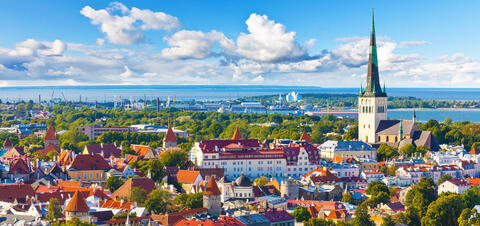 A scenic view of Tallinn's historic red-roofed buildings and the tall spire of St. Olaf's Church, with the Baltic Sea and harbor in the background