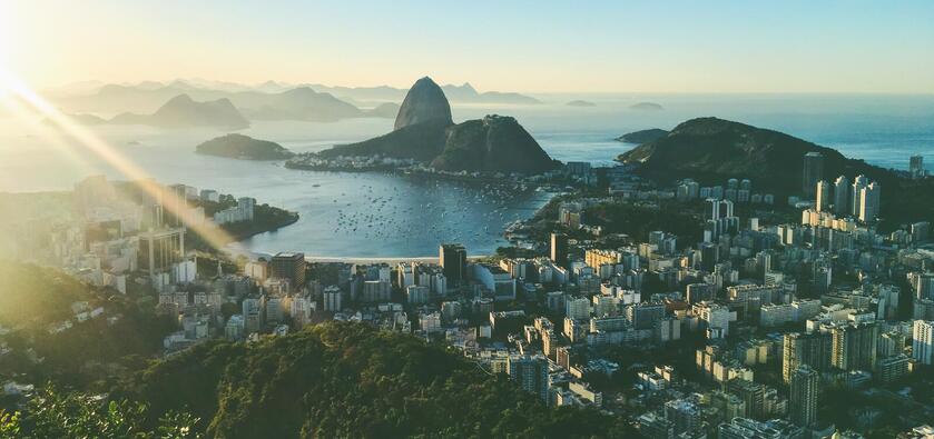 Aerial view of Rio de Janeiro overlooking the mountains and bay